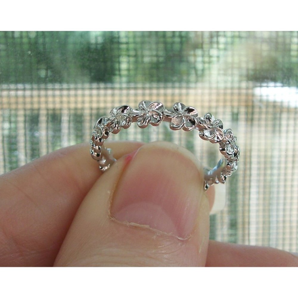 Hawaiian Plumeria Flower Eternity Band Ring 4.2 mm 925 Sterling Silver - Picture 9 of 16